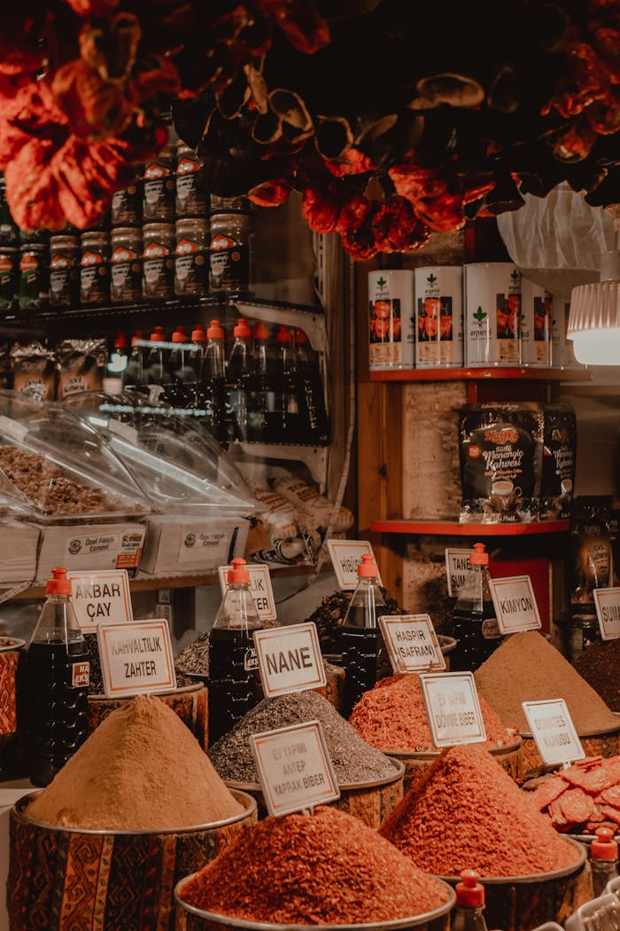 A vibrant spice market featuring Turkish spices, herbs, and products in rich hues. Ideal for culinary themes.